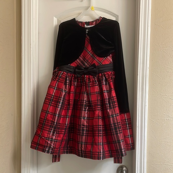 ♻️ Bonnie Jean 2 Piece Set Red Black Silver Holiday Dress with Jacket size 14 - Picture 1 of 7